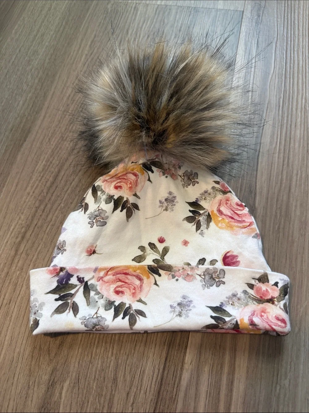 Floral Kids Beanie with Faux Fur Pom - Pink & Cream